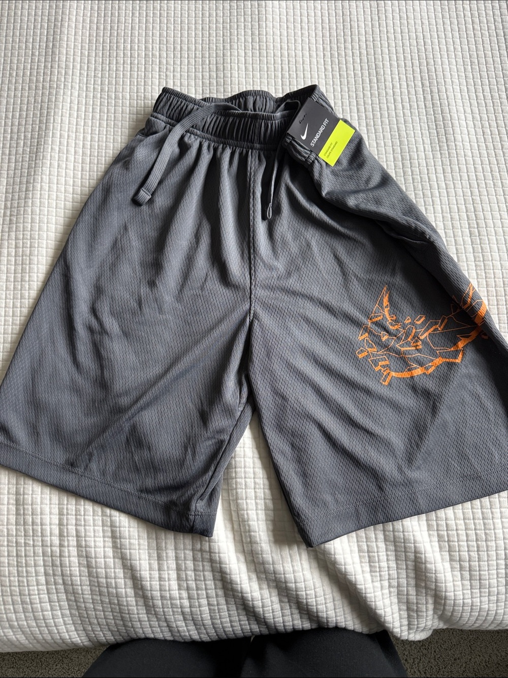 Brand New w tags Nike Boy’s Gray Athletic Shorts with Orange Graphic Accent